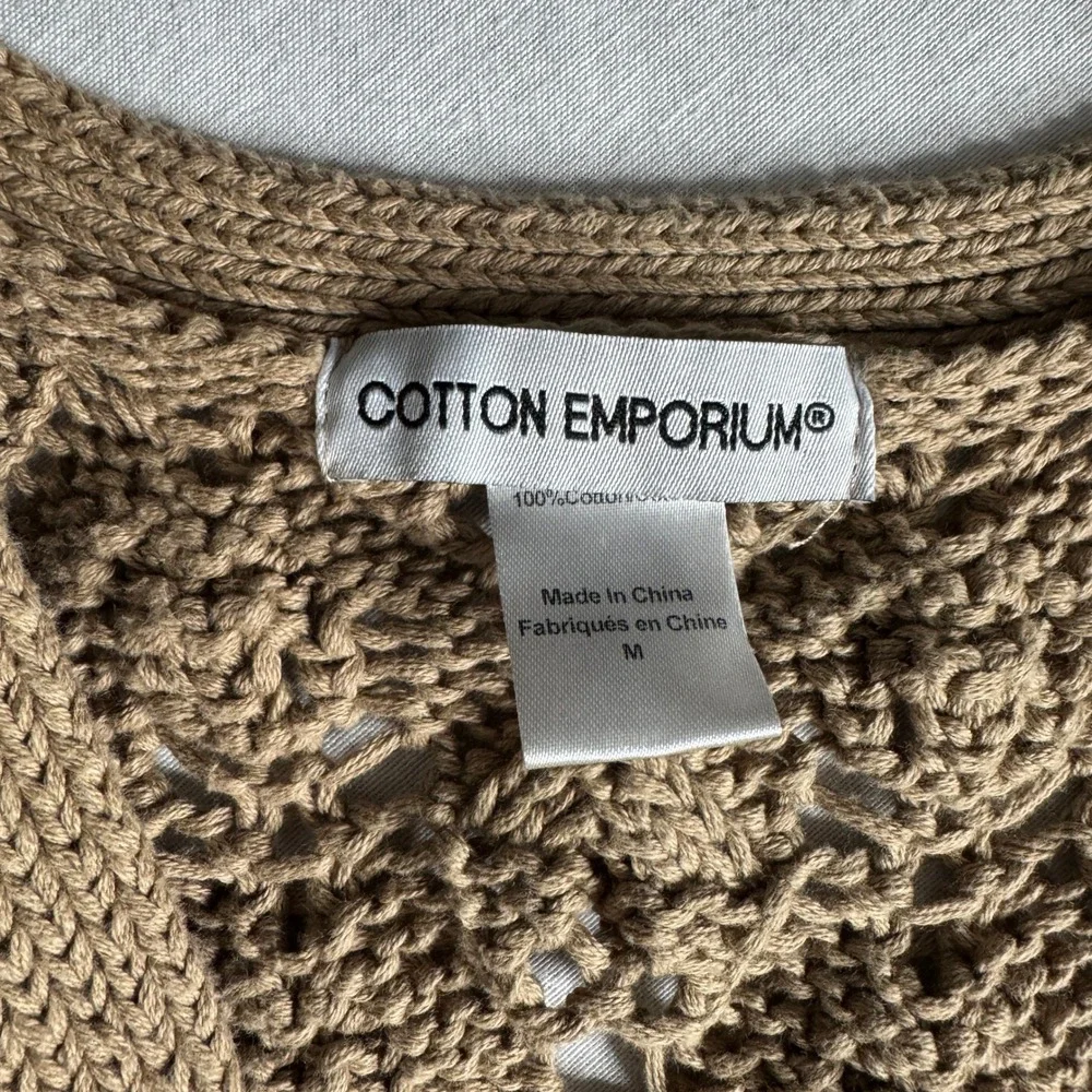 Cotton Emporium Tan Crochet‎ Knit Tie Front Vest Boho Sleeveless Cardigan Medium
